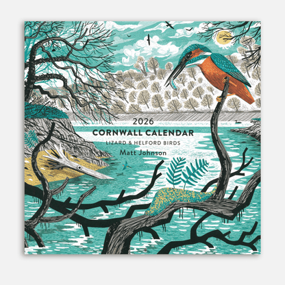 2026 Cornwall calendar with nature-themed design featuring a kingfisher.