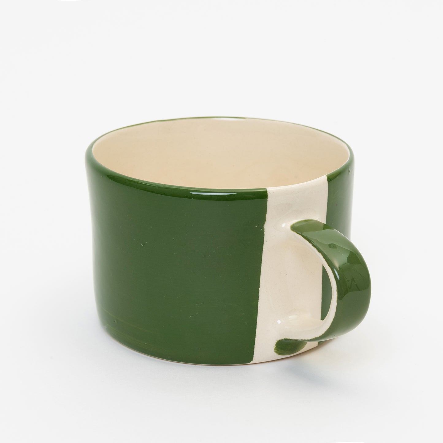 Large moss green mug with white stripe by handle