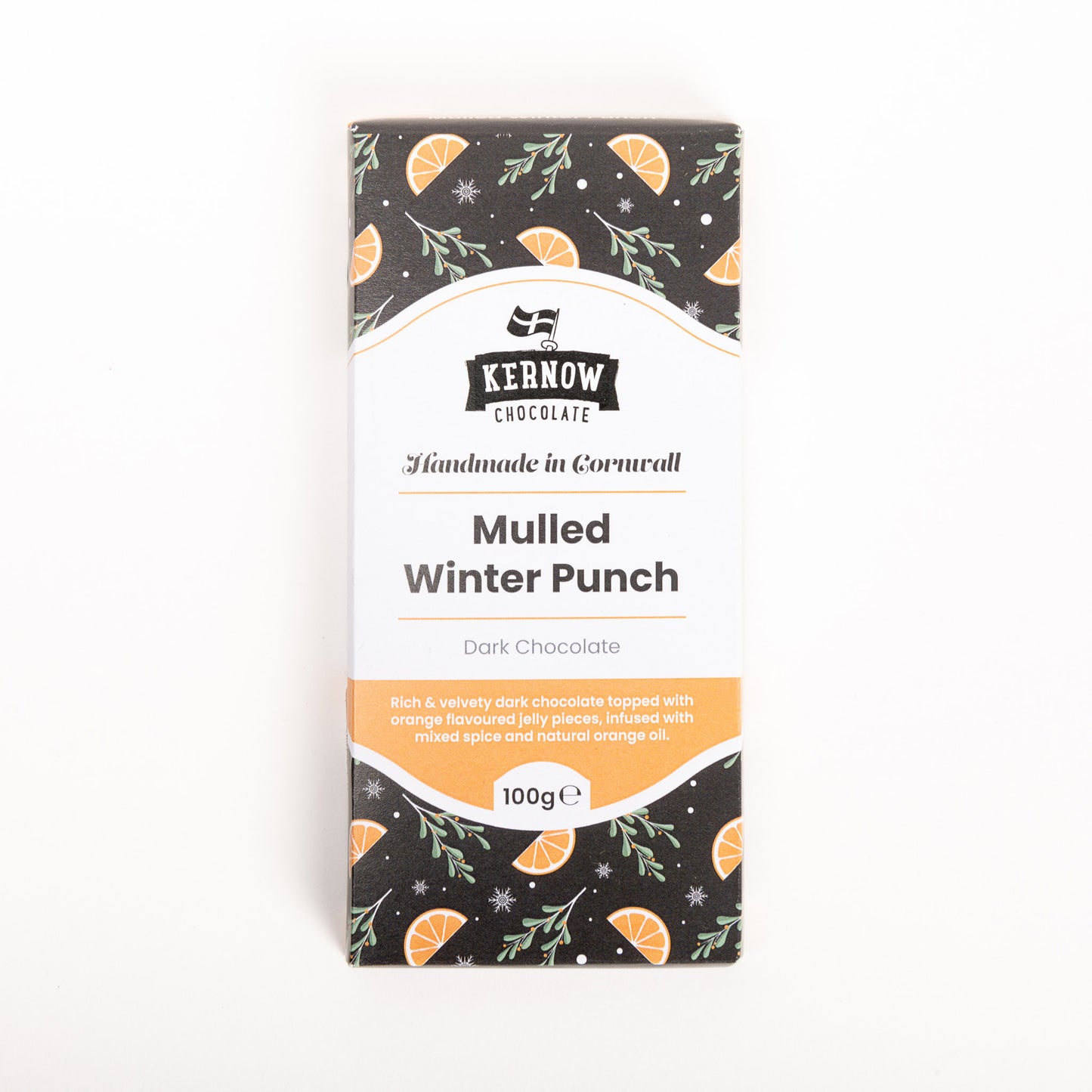 Front shot of Christmas packaging showing Orange slices and winter foliage