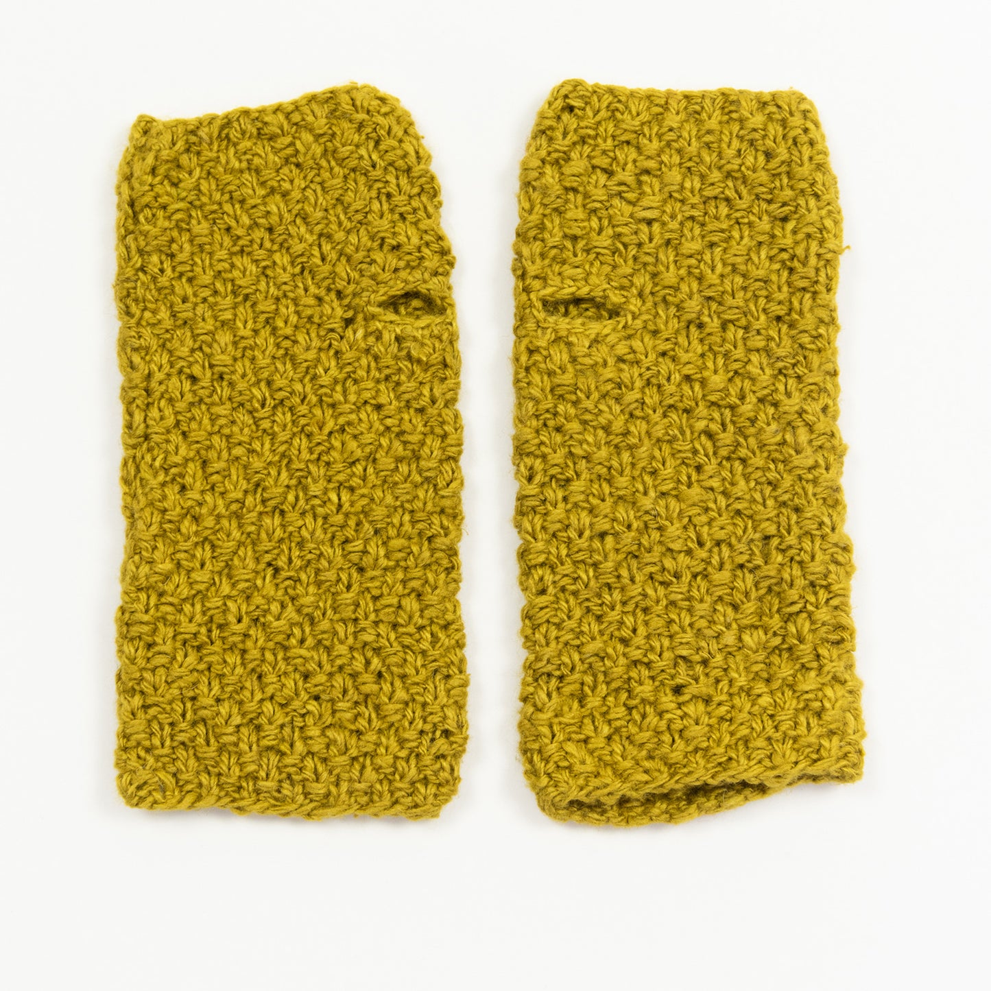 Two mustard-yellow wristwarmers pictured on a white background.