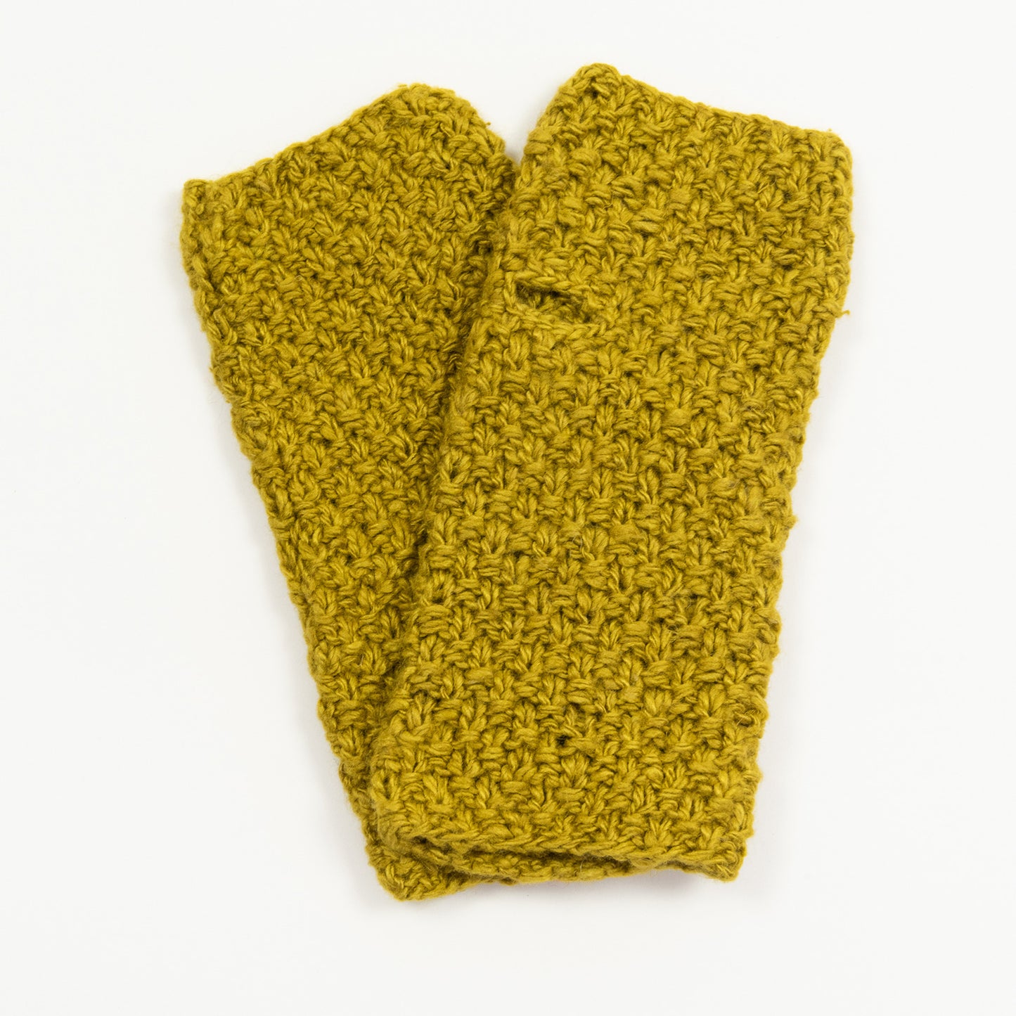 Two mustard-yellow wristwarmers pictured on a white background.