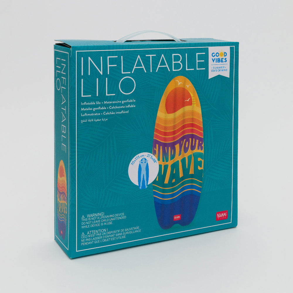 Showing teal box that the Lilo is packaged in with photo of the multicoloured Lilo on the front of the box