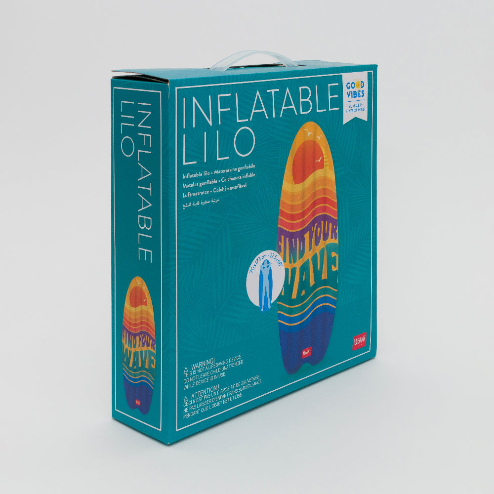 Showing teal box that the Lilo is packaged in with photo of the multicoloured Lilo on the front of the box