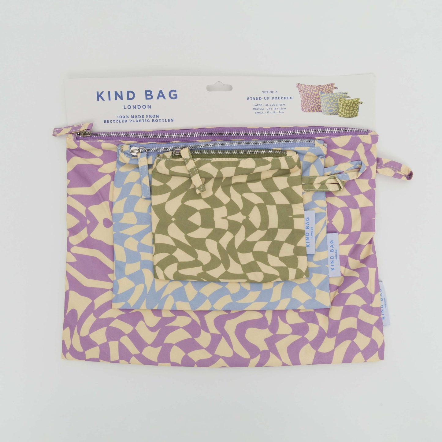 Showing 3 wavy patterned zip up pouches in purple, blue and green. 