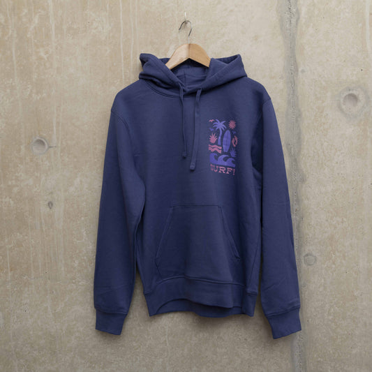 Purple hoodie on a hanger, with surf motif in light purple and pink on left chest. Motif shows waves, foot prints, surfboard, sun and palm tree.