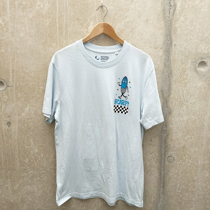 A pale blue t-shirt with a smiling surfboard cartoon icon hangs on a wooden clothes hanger