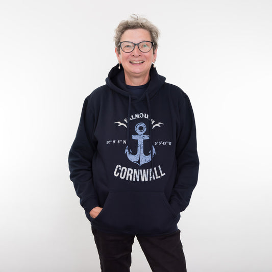 A woman wearing the Falmouth hoodie.