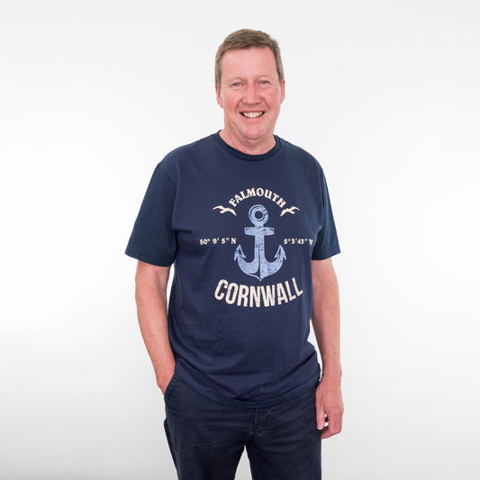 A man wearing the Falmouth t-shirt.