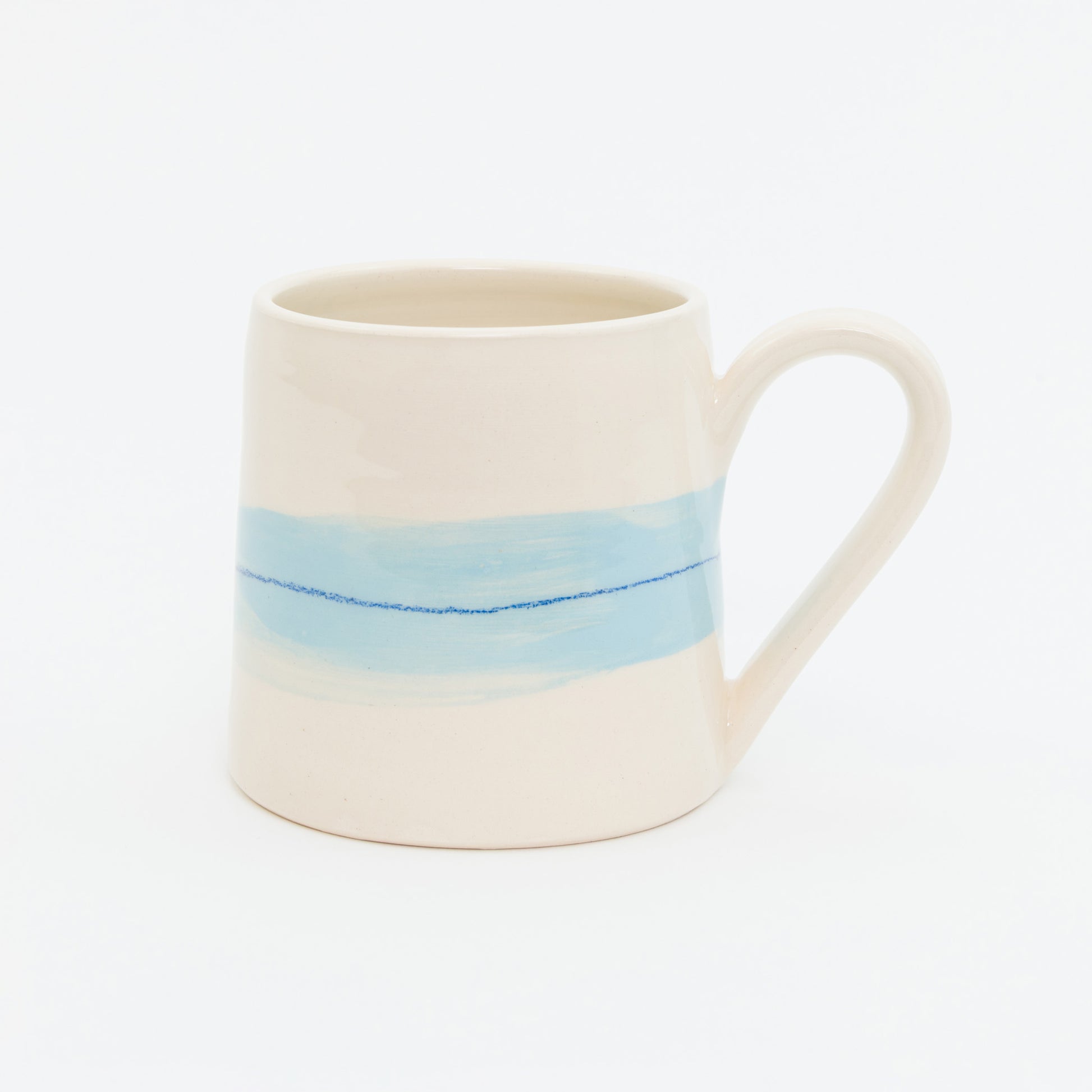 White mug with blue stripes on a white background
