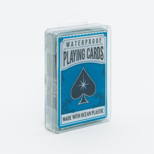 Playing cards in a clear plastic case with blue and white design on a light gray background
