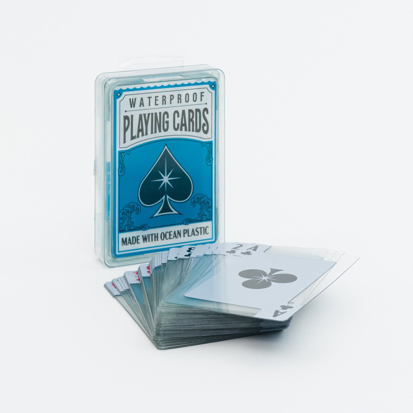 Playing cards with ocean plastic packaging on a white background