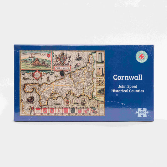 Jigsaw puzzle box with a map design of Cornwall and 'Cornwall' text on a blue background