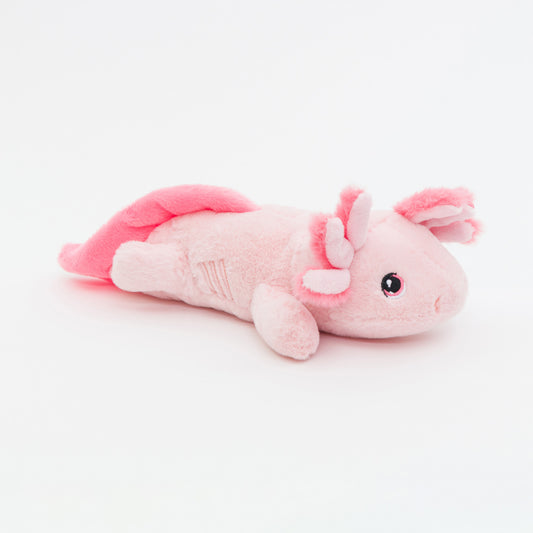 Pink plush axolotl toy on a white background
