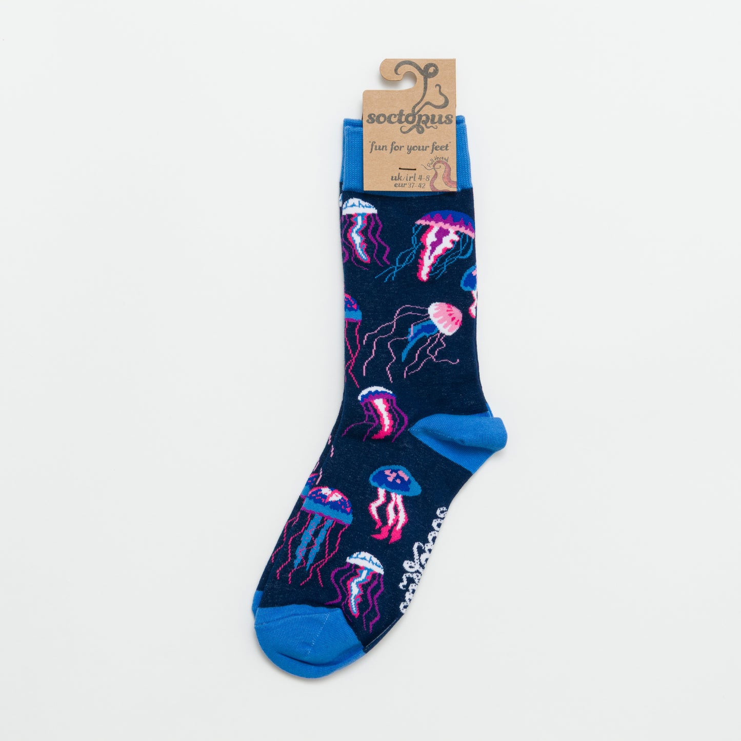 Navy blue socks with jellyfish design on a white background