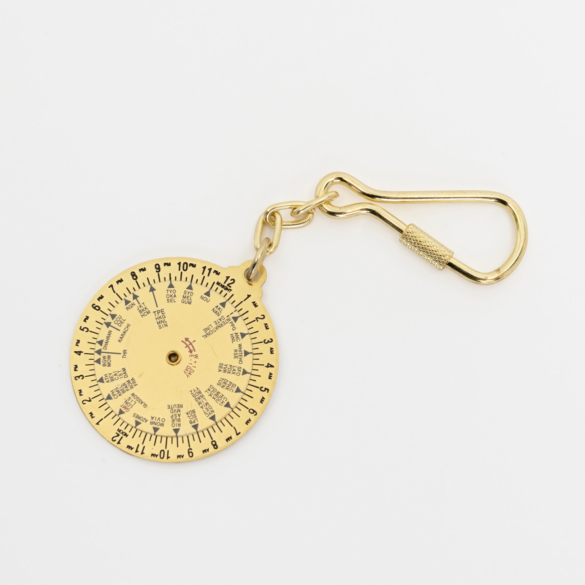 Brass circular keyring showing time zones