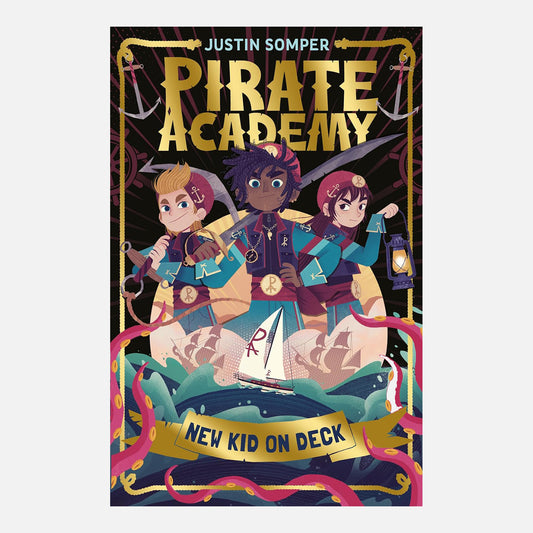 The front cover of Pirate Academy: New Kid on Deck, featuring three cartoon pirate children and a ship sailing on the ocean.