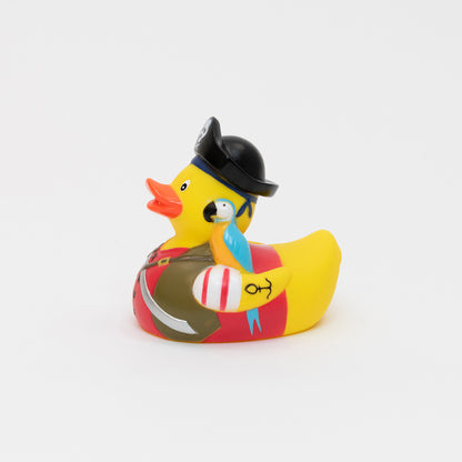 A pirate rubber duck pictured on a white background.