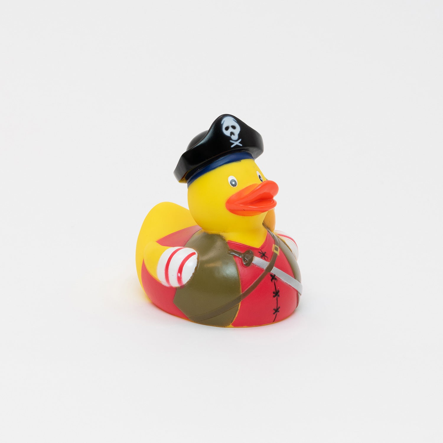 A pirate rubber duck pictured on a white background.