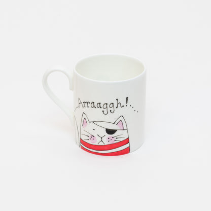 Front of the pirate mug featuring an illustration of a pirate cat and the word arraahhg above it's head.