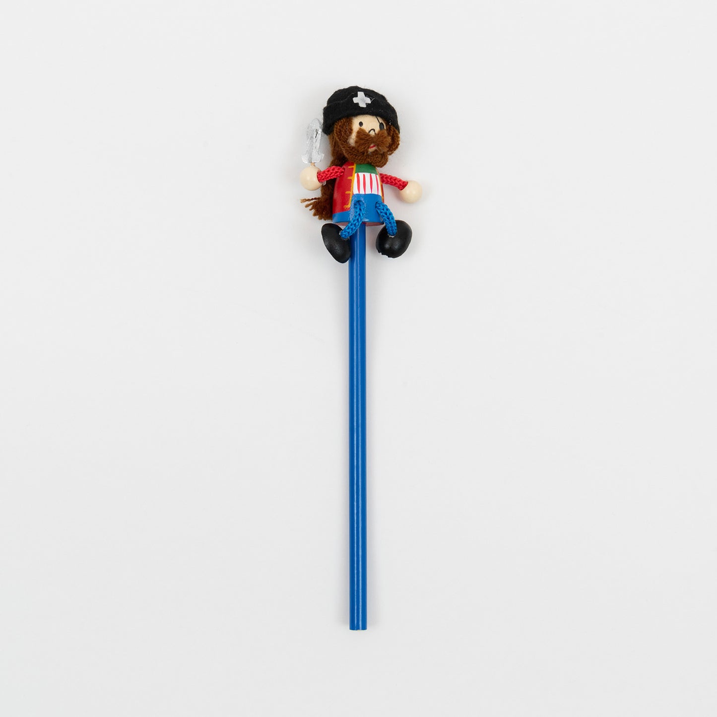 Pirate topped Pencil. Fun wood and fabric pirate to top of your blue pencil. Pirate complete with black crossbone hat, long brown string hair & mustache, red vest and blue dangly legs with black wood shoes.