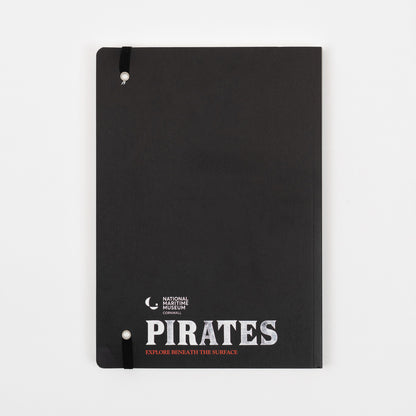 The black back cover of the pirates journal with the National Maritime Museum Cornwall logo and the word Pirates at the bottom.