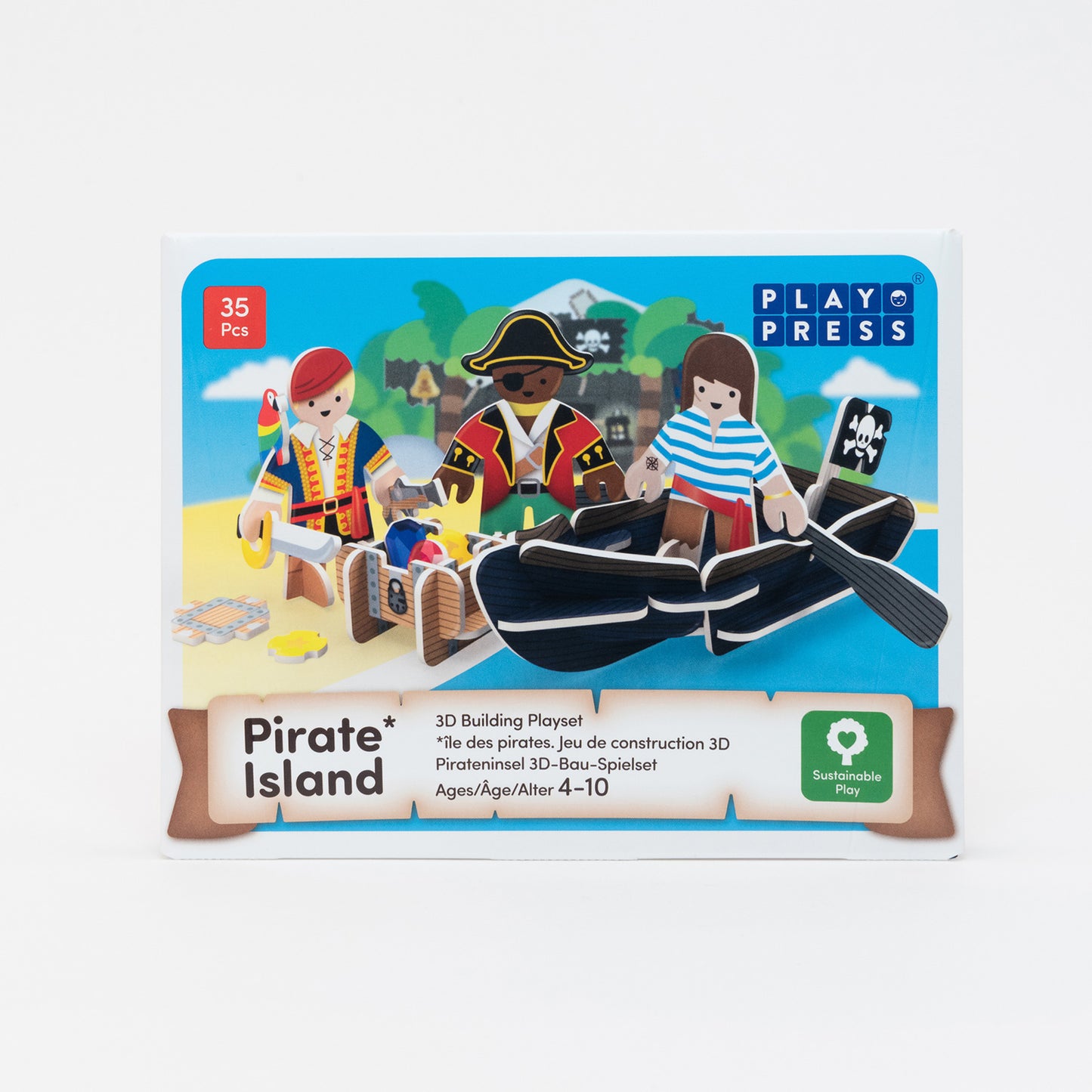 Pirate Island Playset. 3D building Playset, Ages 4-10, Sustainable play. Play & Press 35 pieces. 3 playboard pirate models, their buildable rowboat including treasure chests & a trusty parrot. 