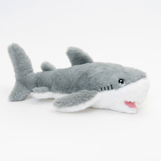 fluffy grey and white shark with open mouth