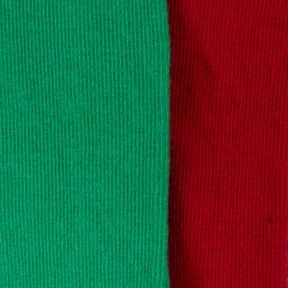 Close up of sock fabric and colour for Port & Straboard Socks. One green sock, one red sock.