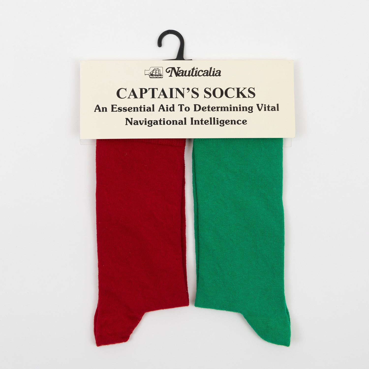 Port & Starboard coloured socks in hanger packaging. One red sock, one green sock.