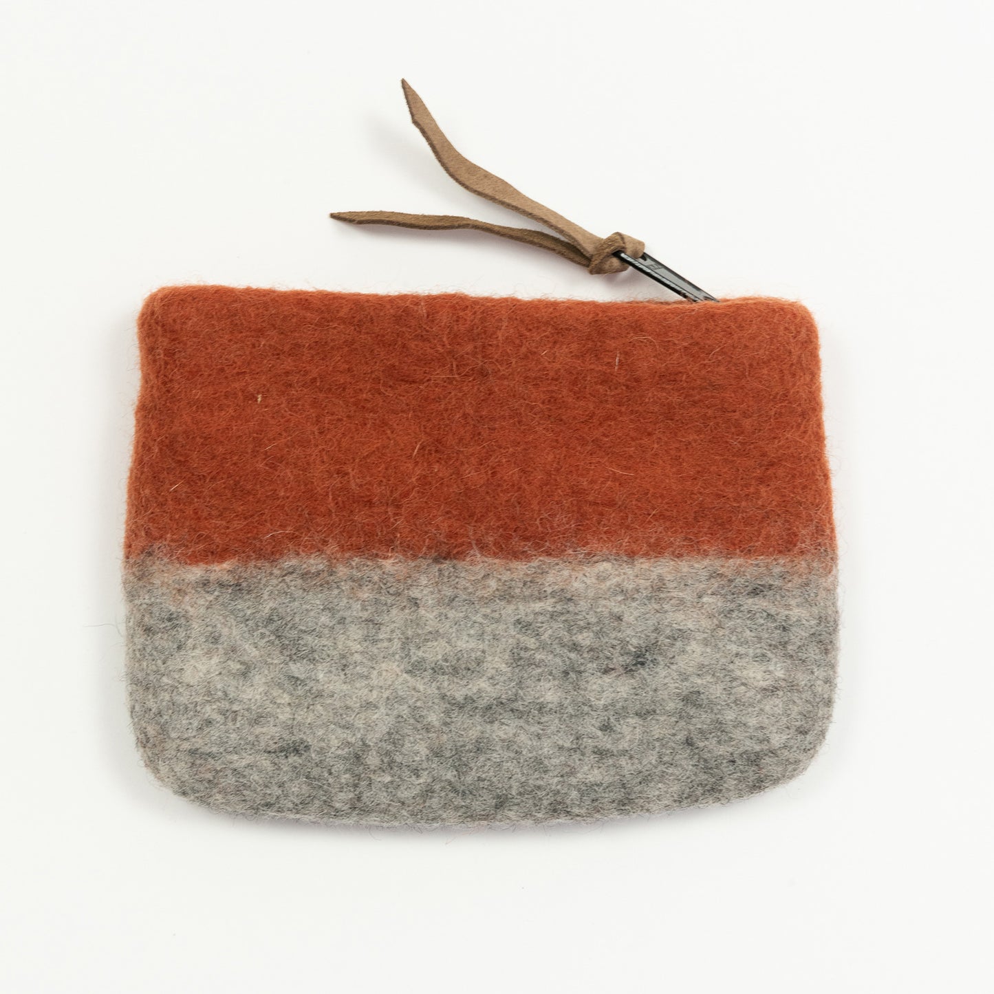 An orange and grey felt purse with brown zip pull pictured on a white background.