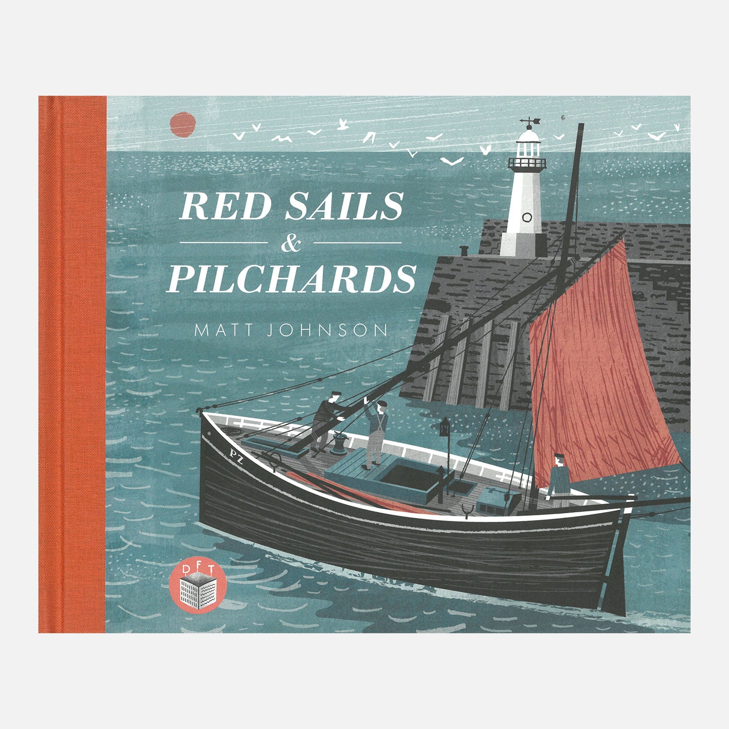 Red sails and pilchards with illustration of wooden boat entering a harbour with a lighthouse