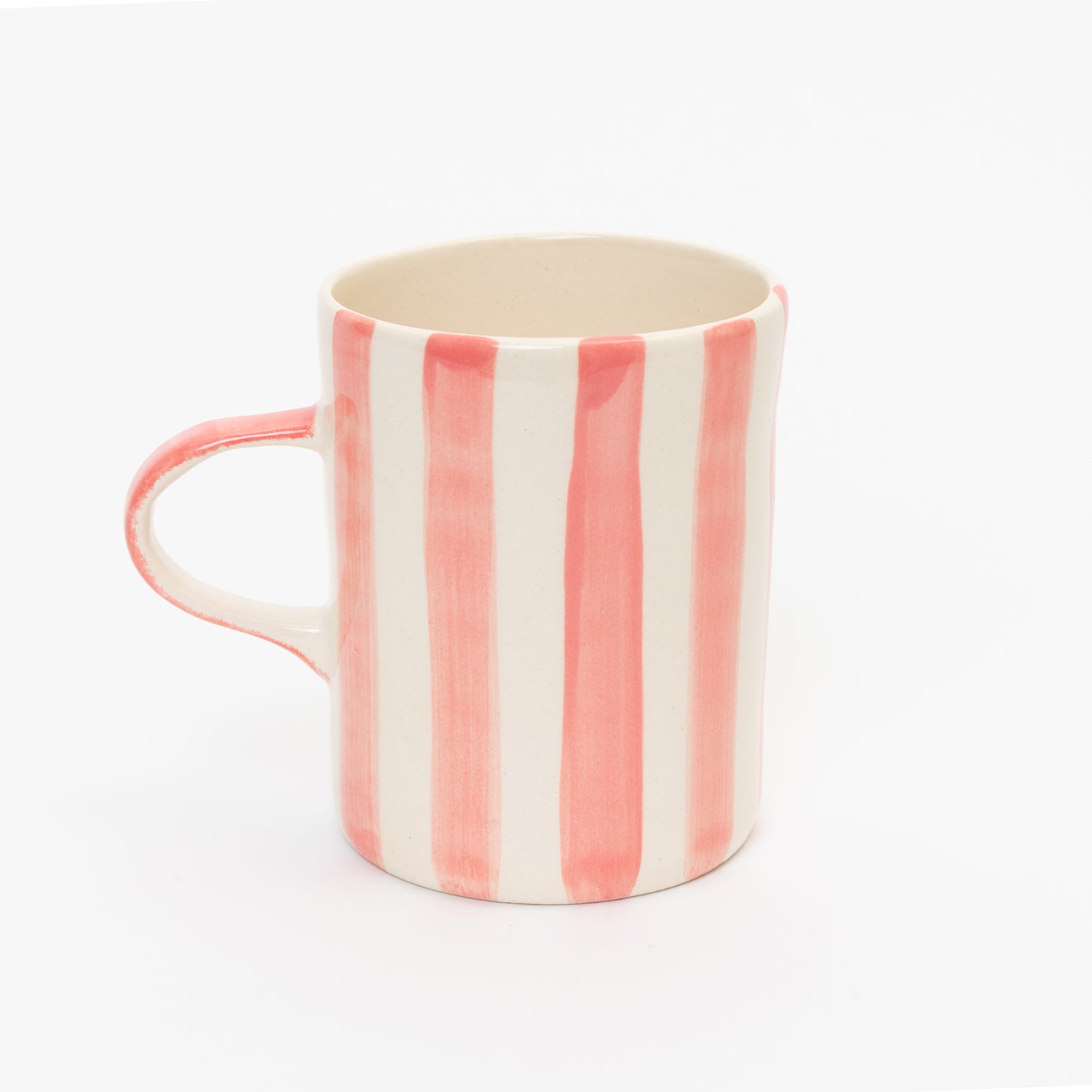 Pink and white wide striped mug with pink handle