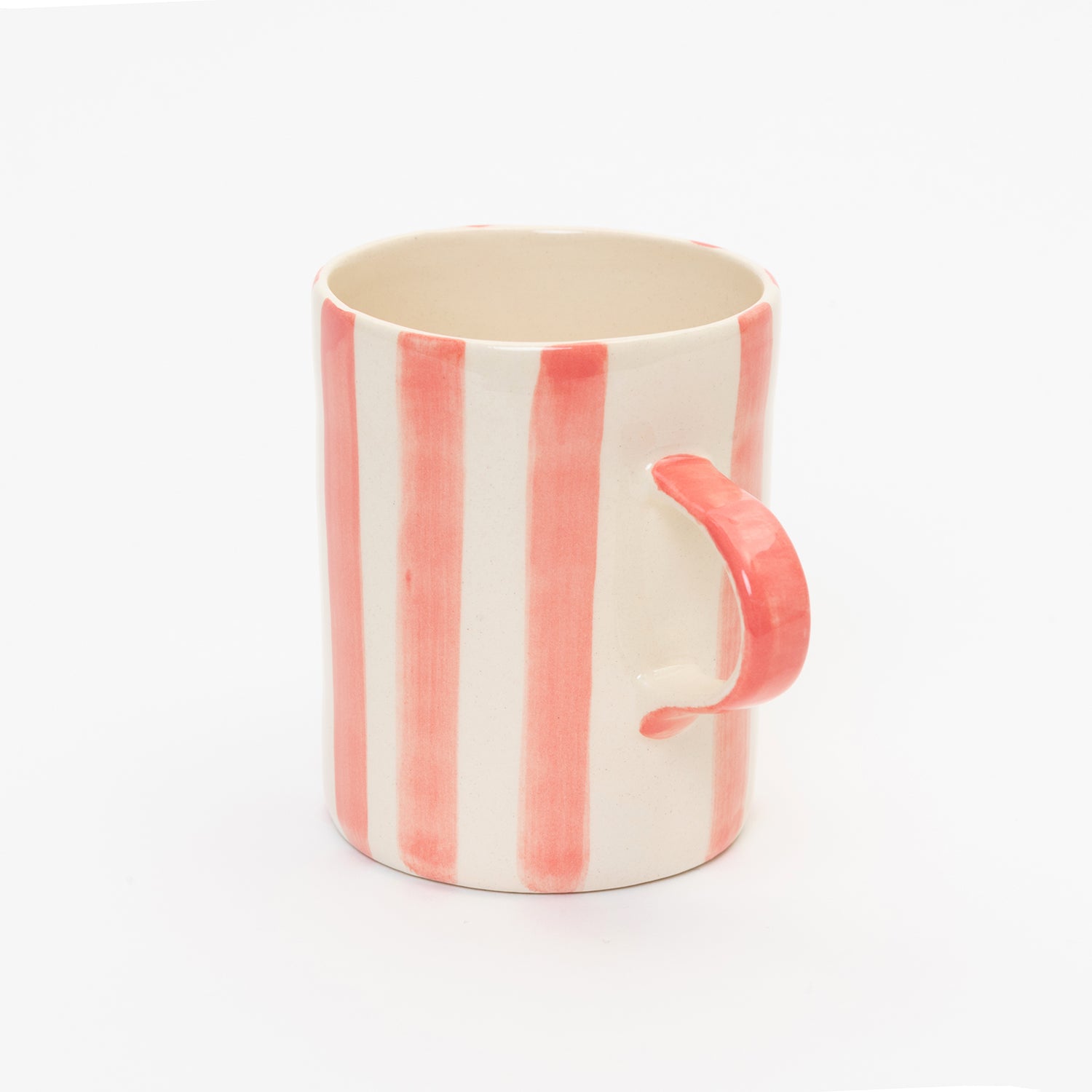 Pink and white wide striped mug with pink handle