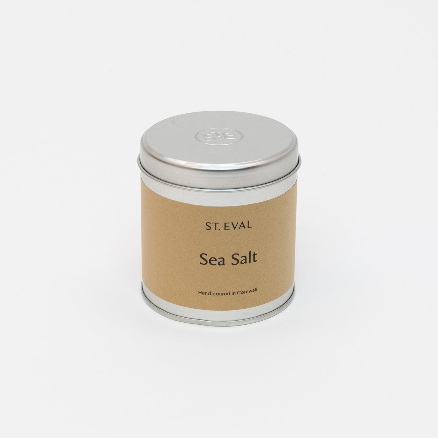 St Eval Sea Salt Candle Tin with tin lid. Plain earthy card label with St. Eval, Sea Salt, Made in Cornwall.