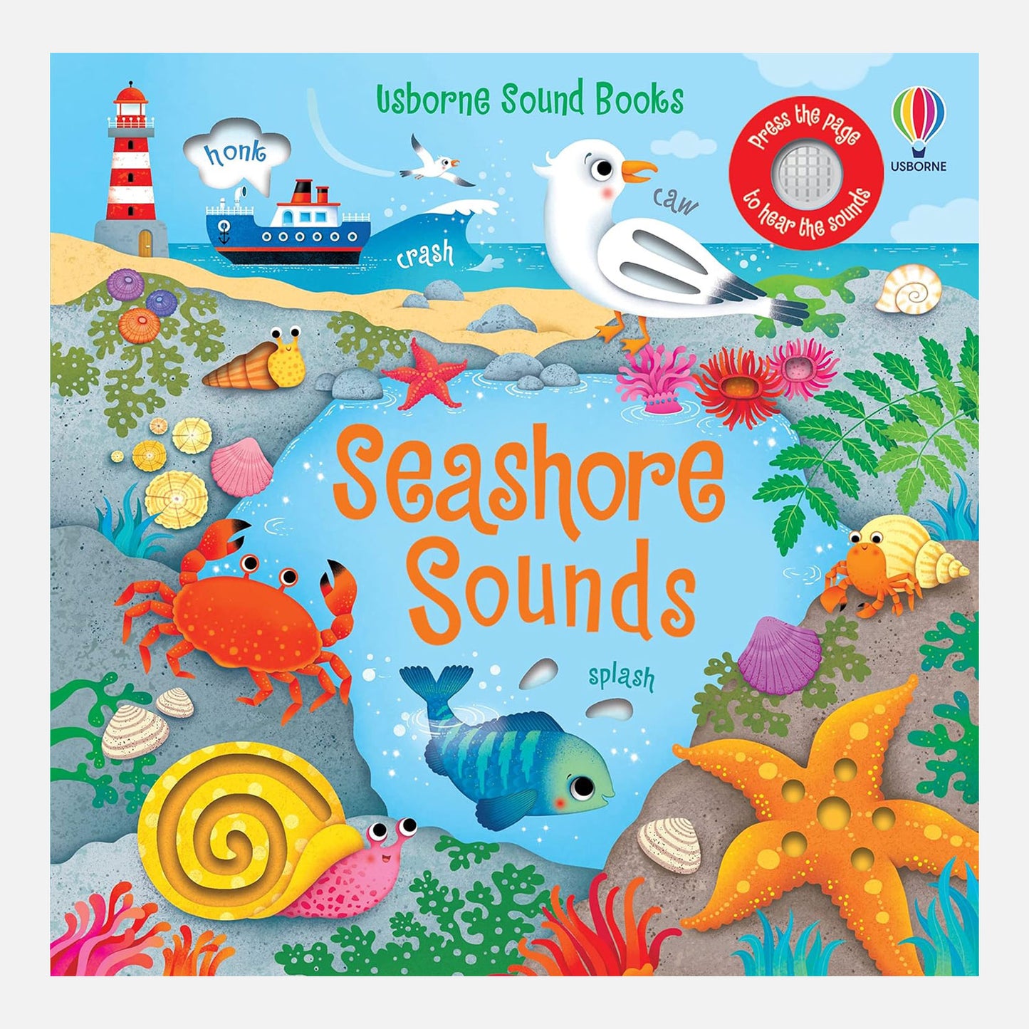 Seashore Sounds Usborne sound book with seashore animals and a seagull, lighthouse and honking boat