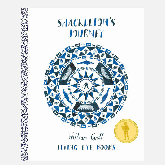 Shackleton's journey. Blue and white illustration on the cover of boats and killer whales in concentric circles