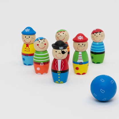 Wooden Pirate Skittles and blue ball set up for a game.