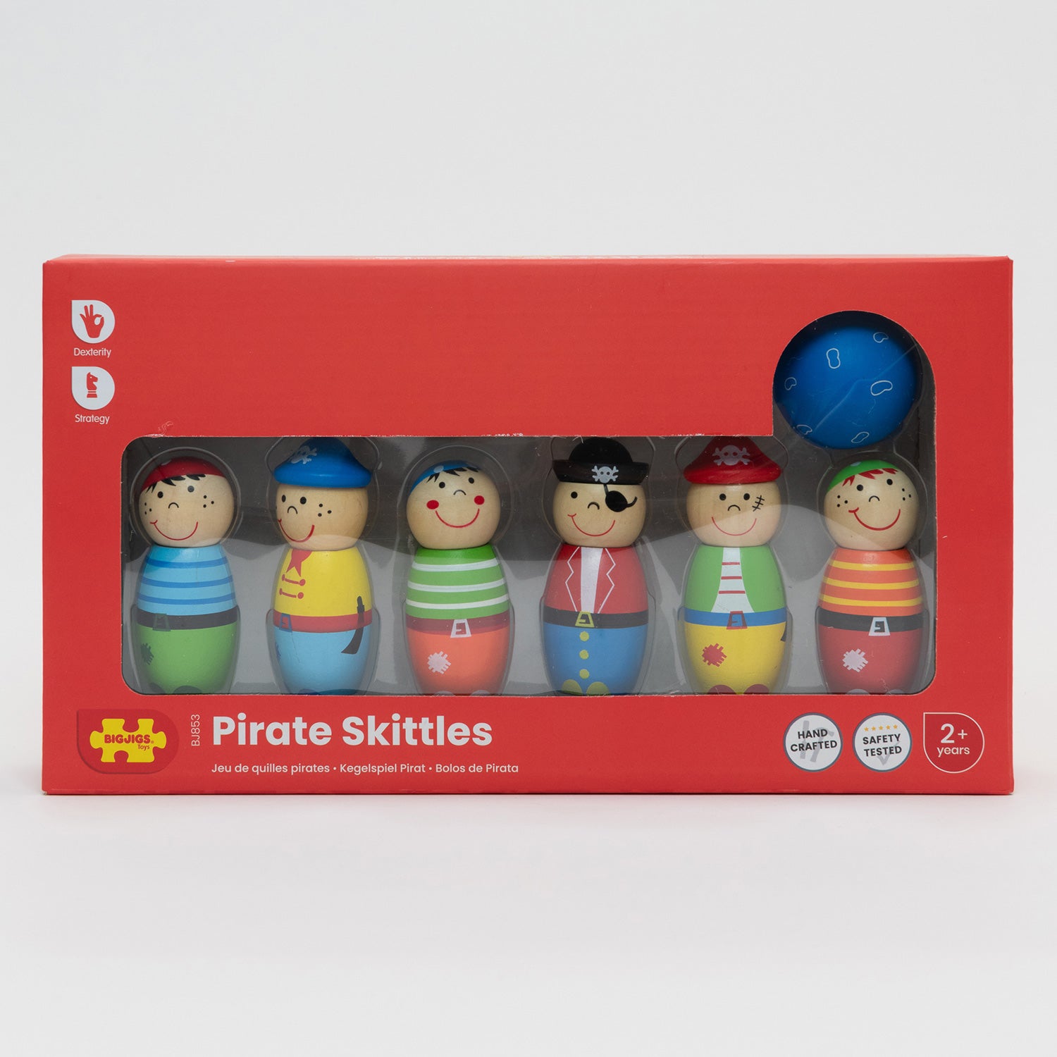 Wooden pirate skittles and ball in its packaging.