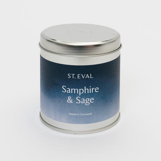 Blue and white label on the tin candle