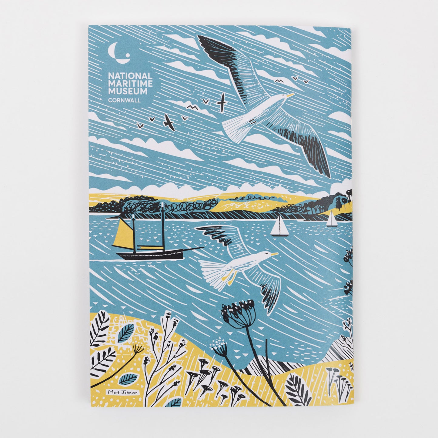 The back of the Falmouth Tall Ships Notebook featuring a yellow, blue and white illustration.