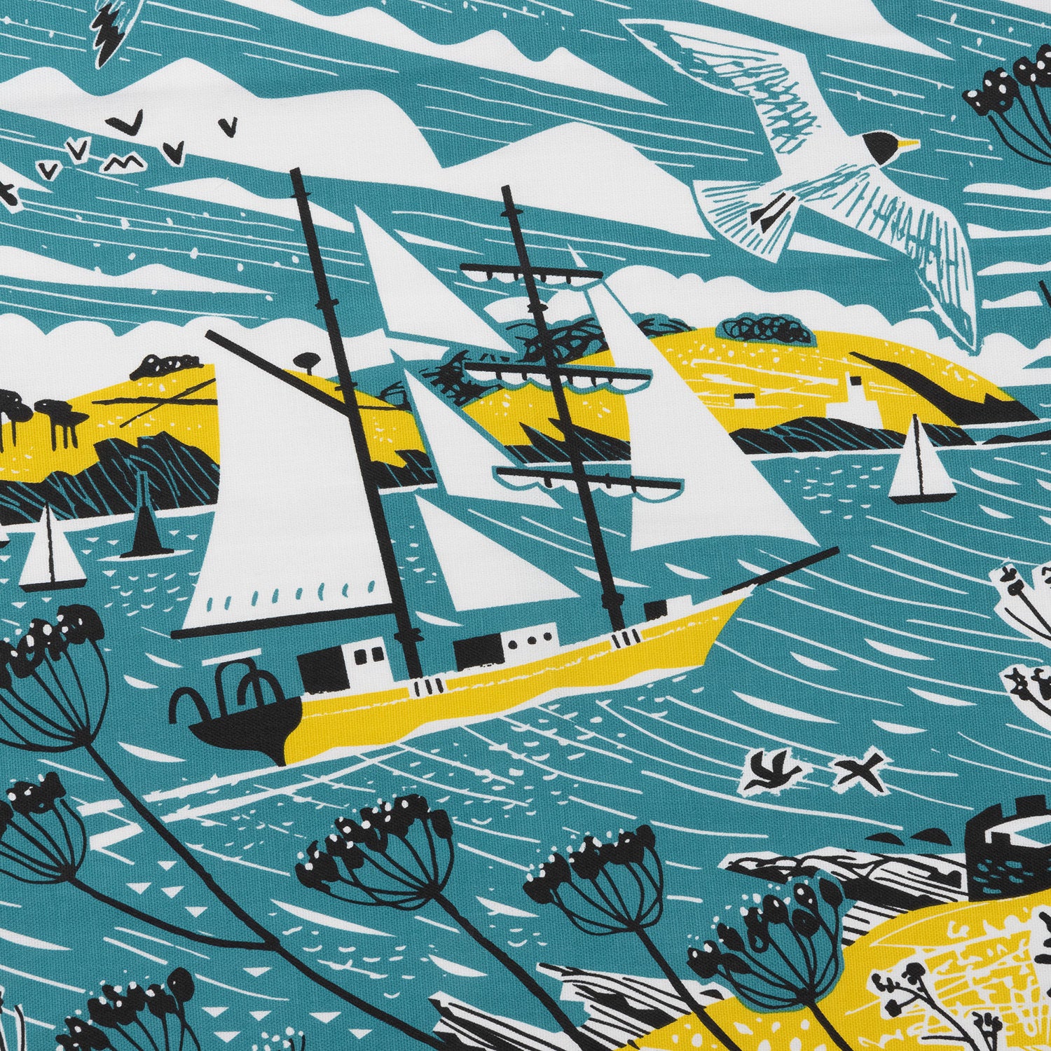 A close-up detail of the tall ship on the Falmouth Tall Ship Tea Towel. The illustration is in white, blue and yellow.