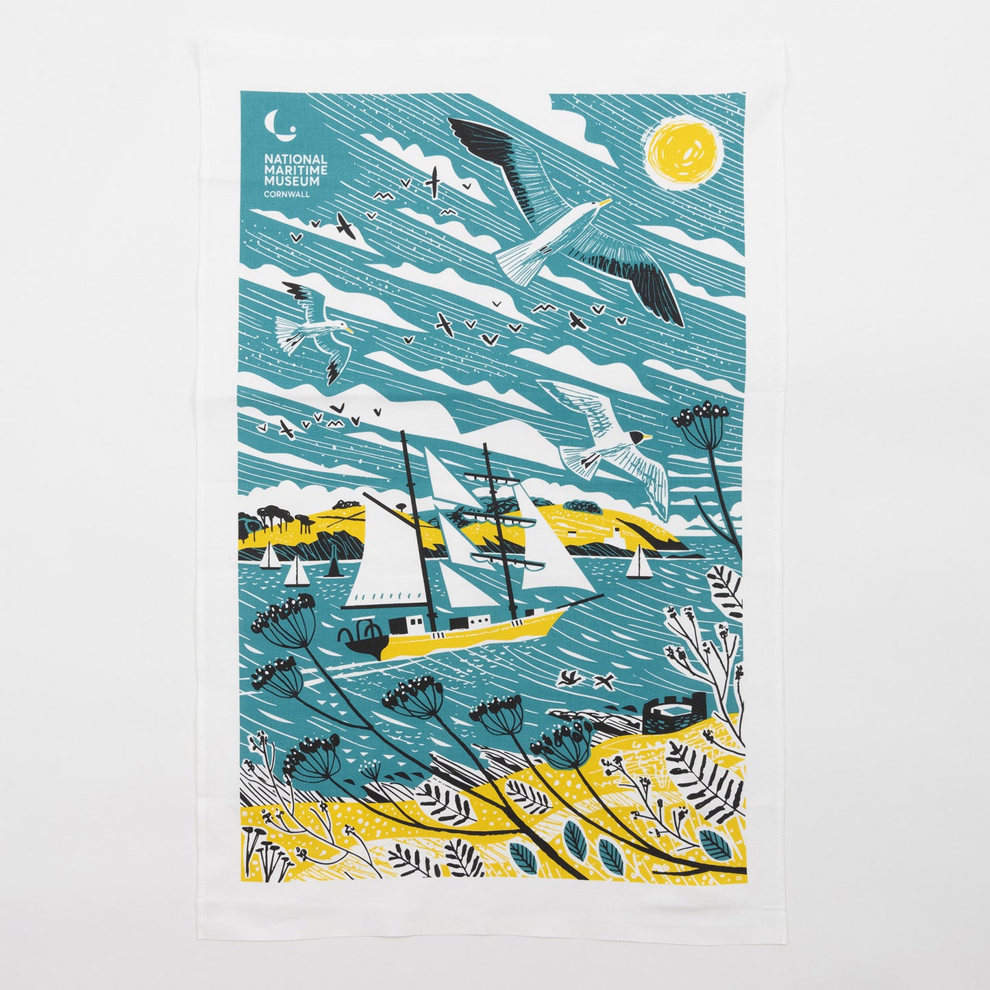 Tall ships teal towel with an illustration of a tall ship in blue, white and yellow. The tea towel is against a white background.