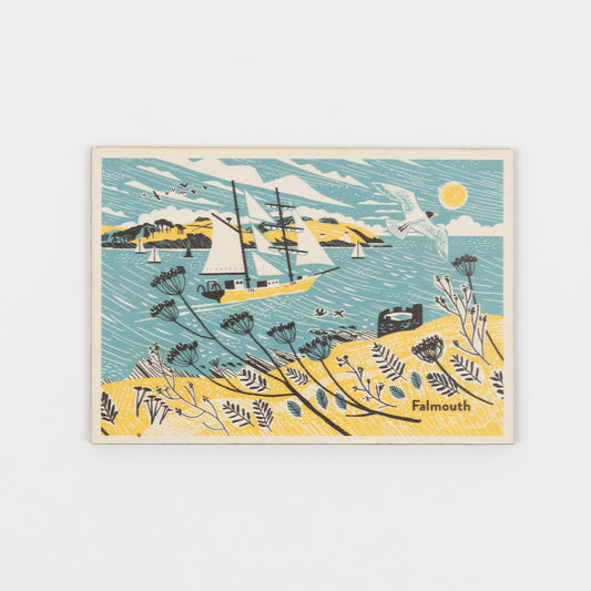 Front of the Falmouth Tall Ship Postcard featuring a tall ship in full sail in yellow, blue and white.
