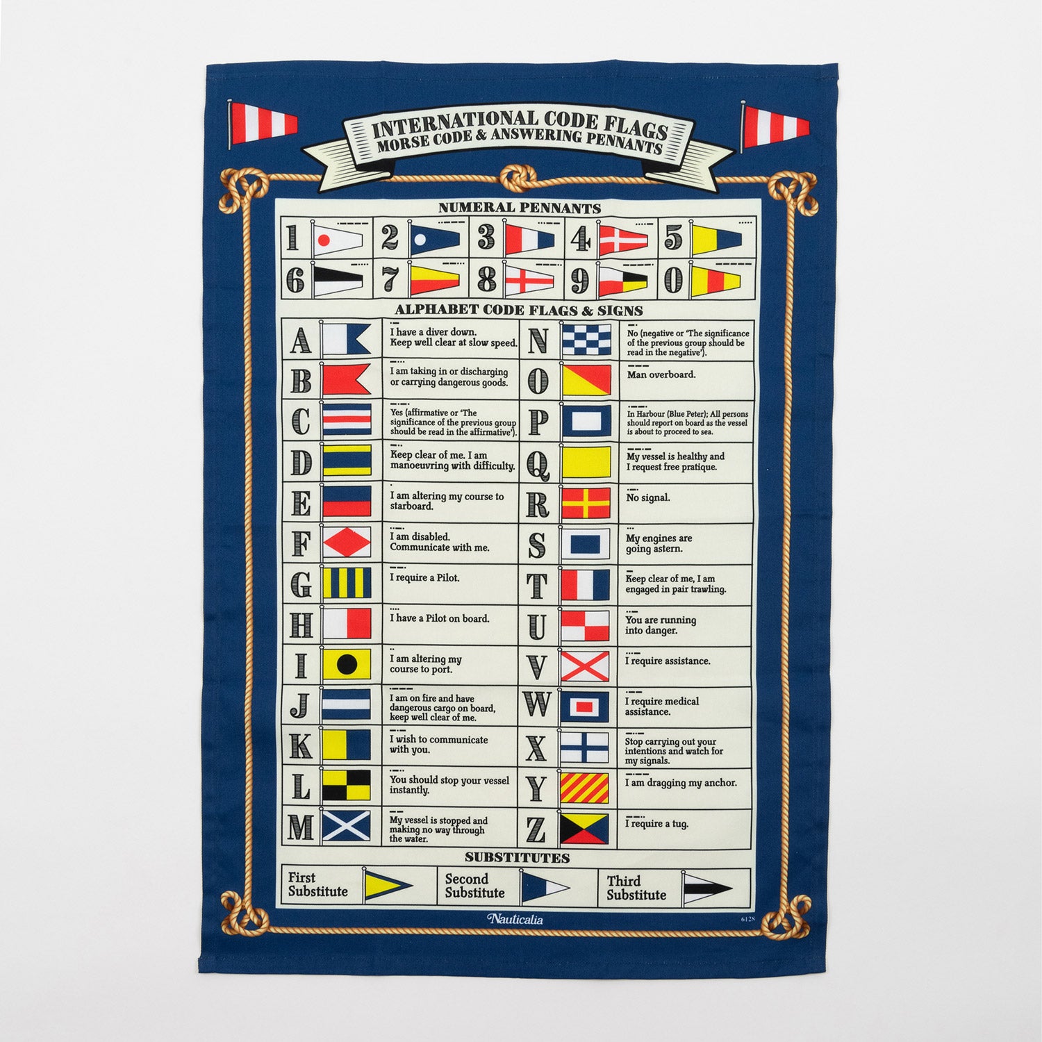Multi-coloured international Code Flags tea towel with flags for each letter of the alphabet and for numbers 0 to 9. The tea towel is on a white background..