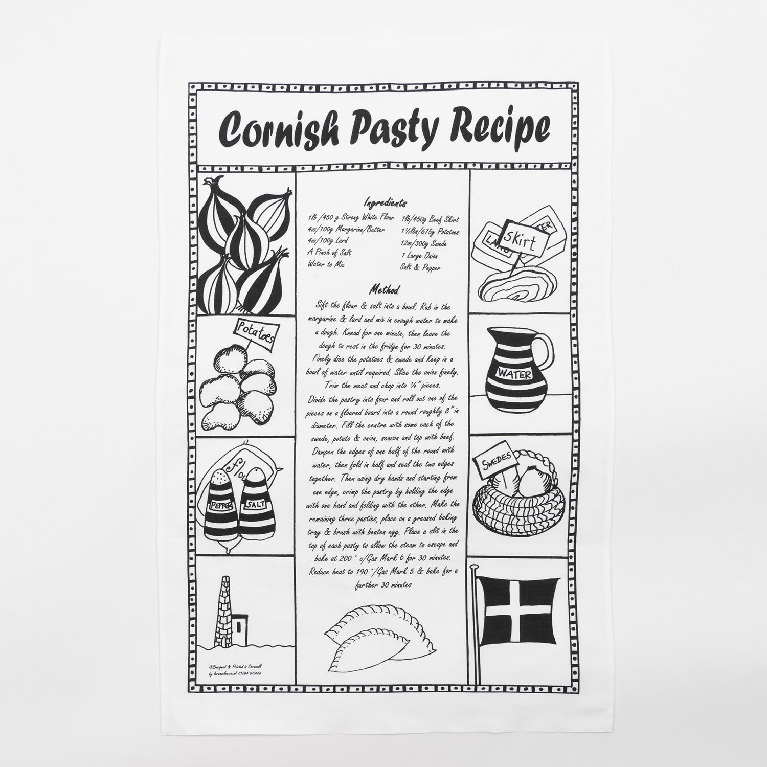 Black and white Cornish pasty recipe tea towel against a white background.
