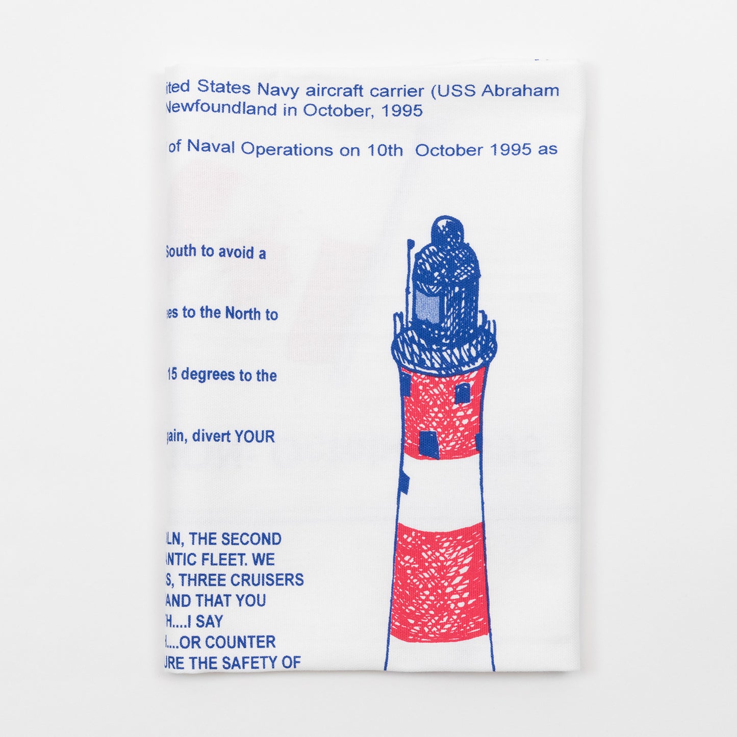 Folded blue, white and red Conversation Tea Towel.
