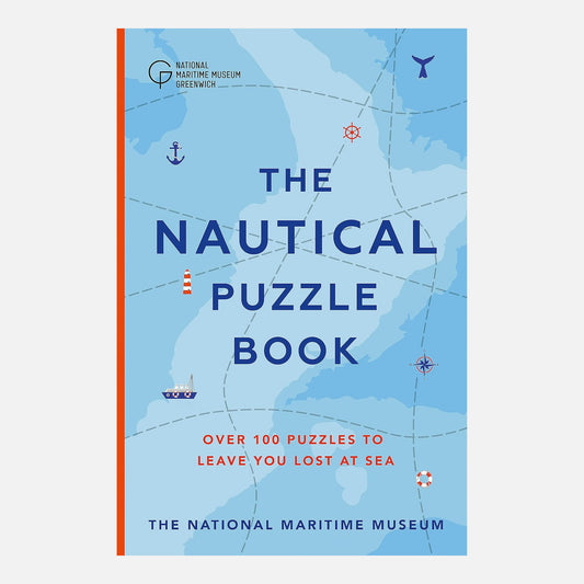The Nautical Puzzle Book. Over 100 puzzles to leave you lost at sea. The National Maritime Museum. Nautical Map with nautical symbols including a ships wheel, lighthouse and compass points.