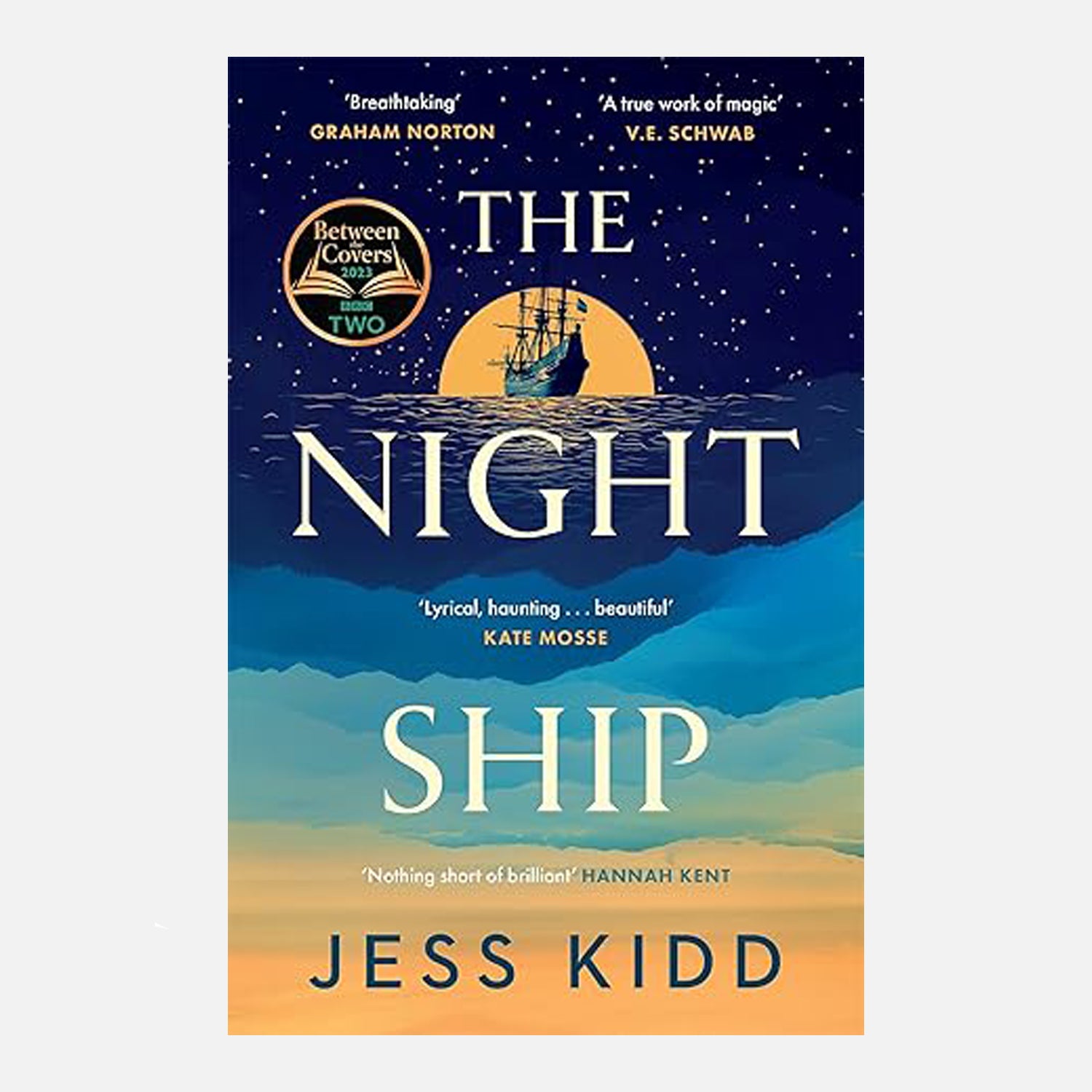 Book cover illustration dark blue sky with a silhouette of a ship against the moon