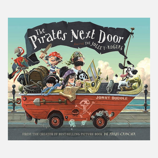 The pirates next door with a family of pirates driving along in a ship looking car full of treasure and maps