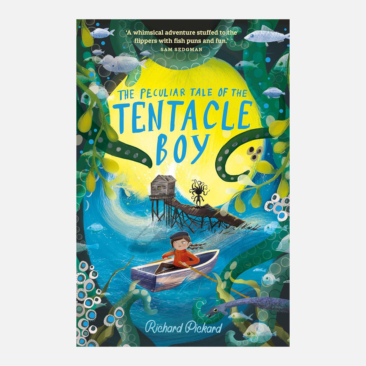 The peculiar tale of the tentacle boy paperback. Cover image shows boy in a row boat heading out in a storm surrounded by tentacles. 